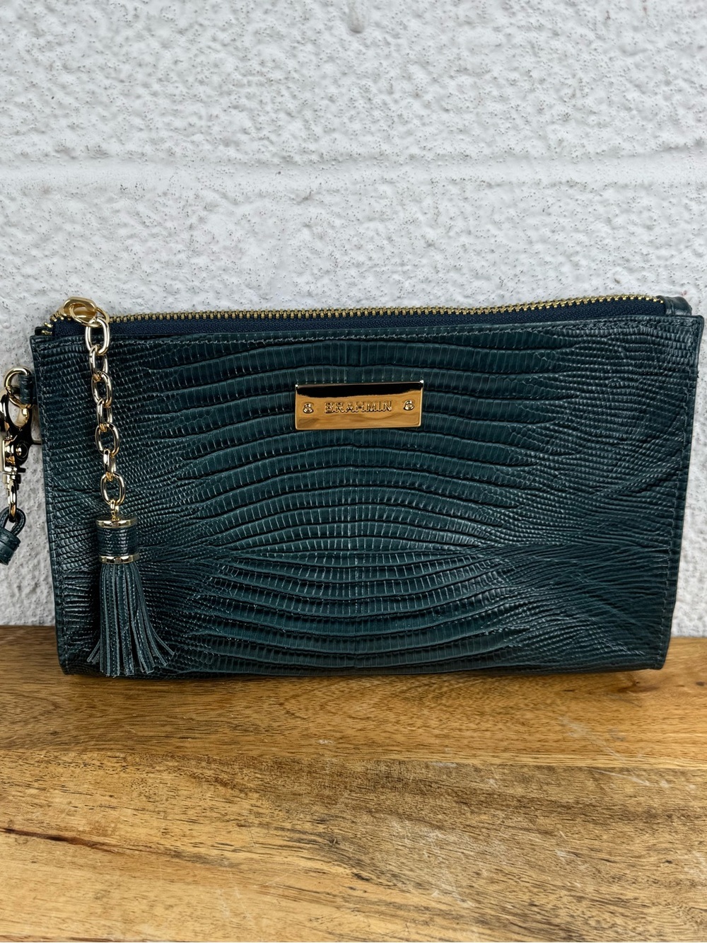 Brahmin Embossed Leather Wristlet Clutch Bag Dark Green Lizard Print Gold Tone